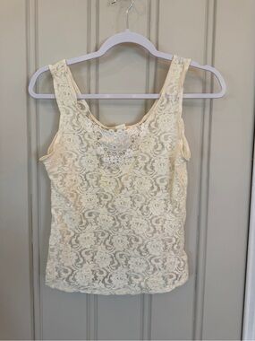 Vintage Women’s Lingerie Cream Lace Tank Top Crochet Detail Size Small Stretch